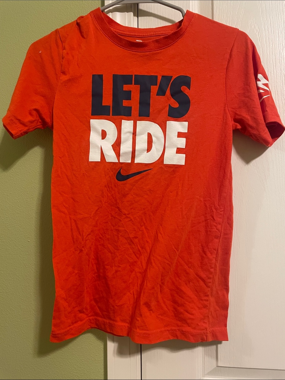 Nike Orange Tee with Navy and White LET'S RIDE Graphic